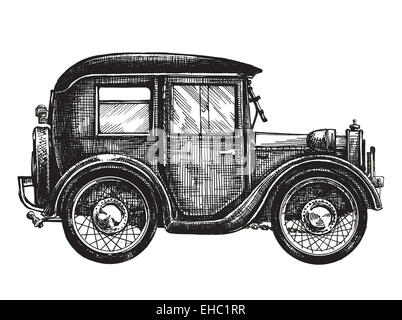 Vintage retro car hatching hand drawing. Green antique automobile over ...