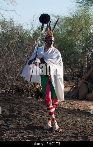 A Samburu Moran (warrior) posing at wedding ceremony, Archer's Post area, Kenya Stock Photo