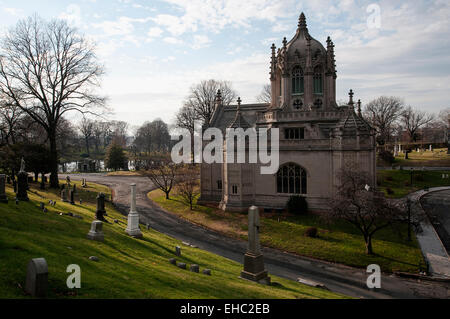 The chapel designed by Warren and Wetmore at Green-Wood cemetery in Brooklyn from behind Stock Photo