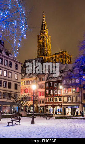 Snowy Place des Tripiers square, cathedral, night, Christmas time, empty street, streets, nobody, no people, Strasbourg, Alsace, France, Europe Stock Photo