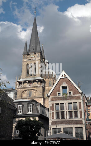 The spire of Aachen Cathedral,  frequently referred to as the 'Imperial Cathedral', Aachen, Germany. Stock Photo