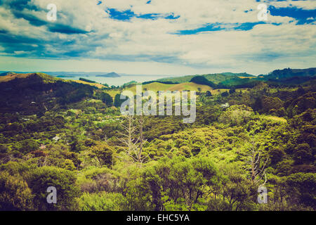Scenic view of landscape covered with greenery, in New Zealand. Stock Photo