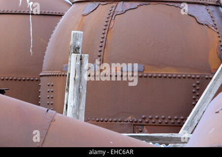 Rusty background makes good background texture. Old whaling structures rust in Antarctica, Deception Island. Stock Photo
