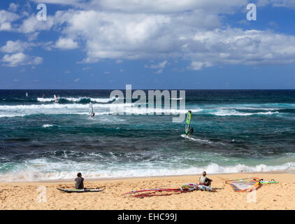 Windsurfers at Hookipa Beach on Maui Stock Photo