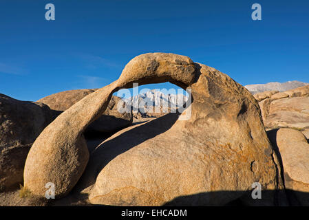 Mobius Arch in the Alabama Hills with a view of Mt. Whitney near Lone Pine, California. Stock Photo