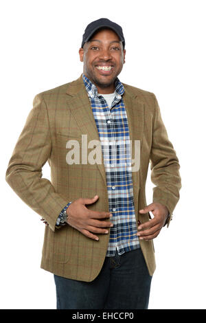 African American businessman wearing hat isolated over white background Stock Photo