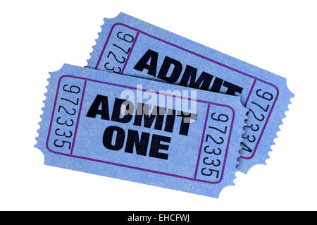 Two blue admit one tickets isolated on a white background. Stock Photo