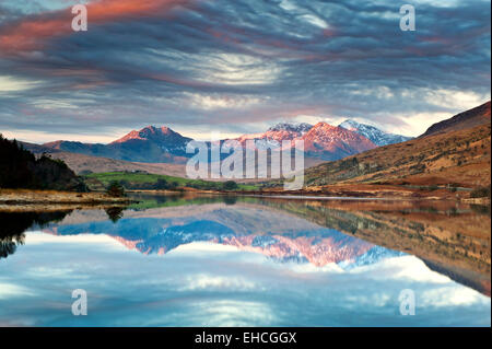 Llynnau Mymbyr, Mount Snowdon & The Snowdon Range in Winter, from Capel Curig, Snowdonia National Park, Wales, UK Stock Photo