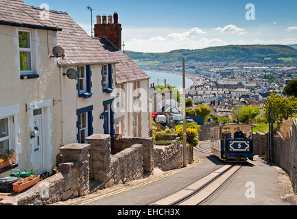 Great Orme Tramway Tram Climbing the Hills above Llandudno Seafront, Llandudno, North Wales, UK Stock Photo