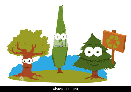 a vector cartoon representing a group of funny trees holding a recycling sign Stock Photo