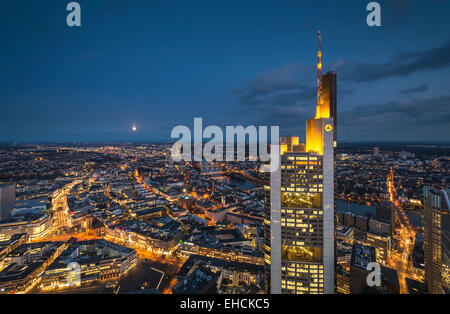 View of the city at dusk from the Main Tower, Commerzbank building in the foreground, downtown, Frankfurt am Main, Hesse Stock Photo