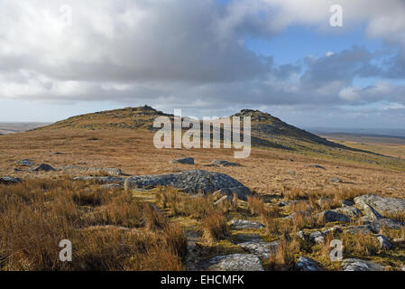Roughtor, Bodmin Moor,Cornwall.  Seen from Showery Tor.  The main summit is on the right with Little Roughtor on the left. Stock Photo