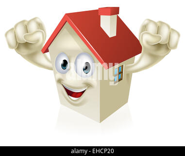 Happy Cartoon House Mascot character holding up fists in joy Stock Photo