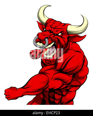 A tough muscular red bull character sports mascot attacking with a punch Stock Photo