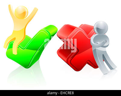 Tick and cross mascots, gold man on tick, silver leaning on the cross. Voting concept Stock Photo
