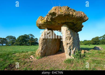 The megalithic St Lythans burial chamber, part of a long Neolithic chambered long barrow 6000 years ago. Near St Lythans, Vale of Glamorgan, Wales Stock Photo