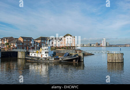 Entrance to Penarth Marina in Cardiff Bay south Wales, showing boat moored up. Stock Photo