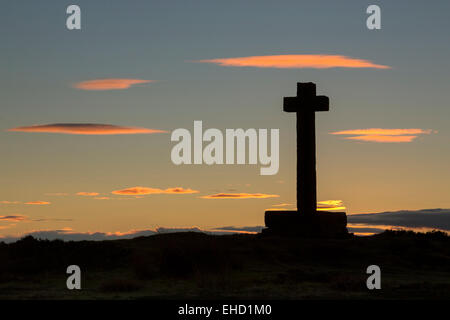 Sunset over Anna Cross on Spaunton Moor near Rosedale, The North, Yorkshire Moors, England. Stock Photo