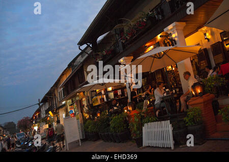 Horizontal streetscape in Luang Prabang at night. Stock Photo