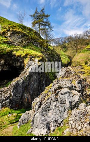 Entrance to Odin Mine in the Peak District, Derbyshire on a sunny spring day. Stock Photo