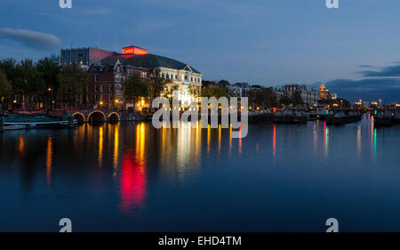 Blue hour on the river Amstel in Amsterdam. Stock Photo