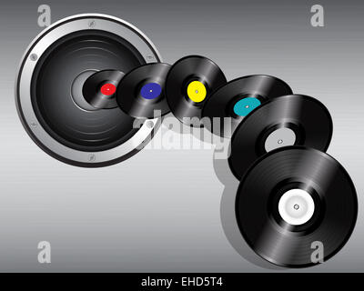 Vinyl Records Flying out from a Speaker on a Brushed Metallic Background Stock Photo