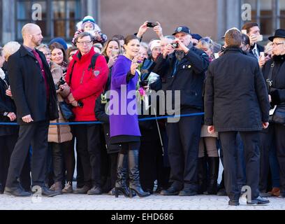 Sweden's Crown Princess Victoria attends the name day of Crown Princess at the Royal Palace court yard in Stockholm on 12 March 2015. Photo: Albert Nieboer/RPE/ - NO WIRE SERVICE - Stock Photo