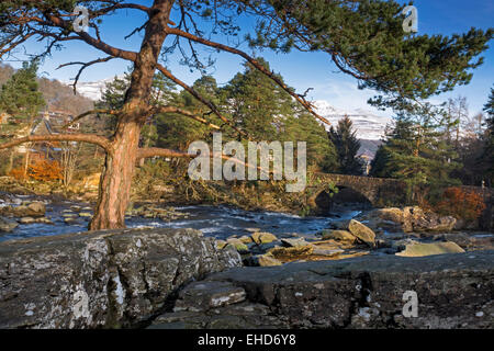 killin and the falls of dochart waterfall in winter with bridge Stock Photo
