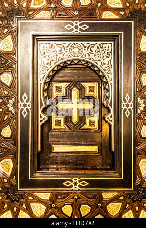 Detail of decorative wood panelling in St. Sergius and Bacchus Church in the Coptic quarter of Old Cairo. Stock Photo