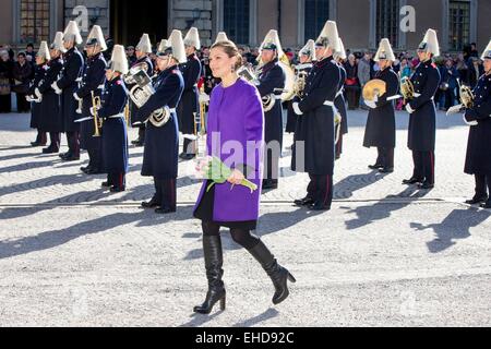 Stockholm, Sweden. 12th Mar, 2015. Sweden's Crown Princess Victoria attends the name day of the Crown Princess at the Royal Palace court yard in Stockholm on 12 March 2015. Credit:  dpa picture alliance/Alamy Live News Stock Photo