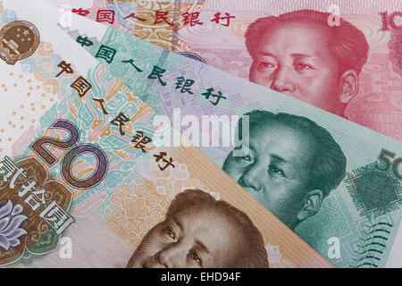 Chinese money (RMB). 20, 50 and 100 RMB note. Stock Photo