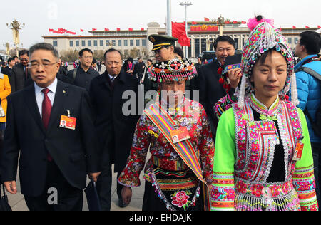 Beijing, CHINA, China. 6th Feb, 2015. Chinese delegates arrive for the 2nd session of the annual National People's Congress (NPC) being held in the Great Hall of the People in Beijing on March 8, 2015. China asserted its place on the global diplomatic stage Sunday, pledging to steadfastly support Russia in the face of Western sanctions, scolding regional rival Japan and making it clear that it sees the United States as an equal. © Stephen Shaver/ZUMA Wire/Alamy Live News Stock Photo