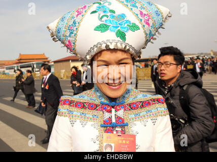 Beijing, CHINA, China. 6th Feb, 2015. Chinese ethnic minority delegates arrive for the 2nd session of the annual National People's Congress (NPC) being held in the Great Hall of the People in Beijing on March 8, 2015. China asserted its place on the global diplomatic stage Sunday, pledging to steadfastly support Russia in the face of Western sanctions, scolding regional rival Japan and making it clear that it sees the United States as an equal. © Stephen Shaver/ZUMA Wire/Alamy Live News Stock Photo