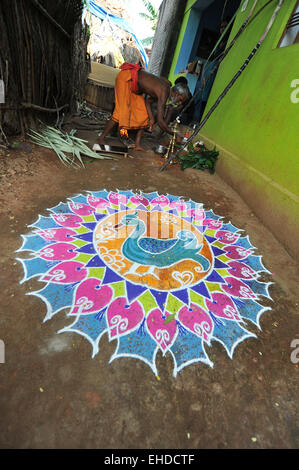 Kolams in the village of Kuilapalayam, during Pongal harvest festival. Tamil Nadu, India. Stock Photo