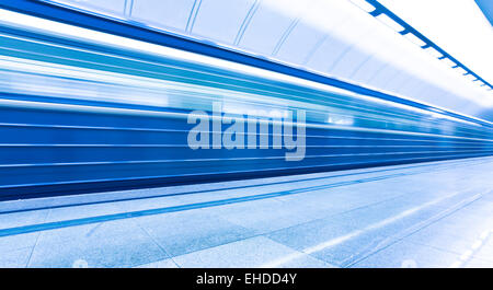 mooving train on platform in subway Stock Photo
