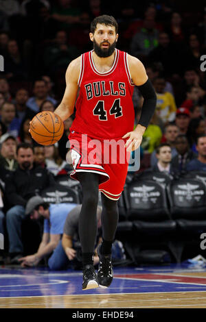 Overtime. 11th Mar, 2015. Chicago Bulls forward Nikola Mirotic (44) in action during the NBA game between the Chicago Bulls and the Philadelphia 76ers at the Wells Fargo Center in Philadelphia, Pennsylvania. The Chicago Bulls won 104-95 in overtime. © csm/Alamy Live News Stock Photo