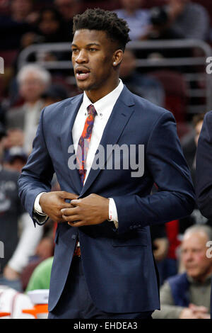 Overtime. 11th Mar, 2015. Chicago Bulls guard Jimmy Butler (21) looks on during the NBA game between the Chicago Bulls and the Philadelphia 76ers at the Wells Fargo Center in Philadelphia, Pennsylvania. The Chicago Bulls won 104-95 in overtime. © csm/Alamy Live News Stock Photo