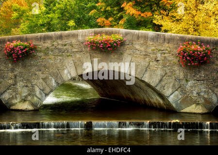 Hanging flower baskets on bridge with fall colored trees in Westport, Ireland Stock Photo