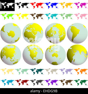 earth globes and maps against white Stock Photo