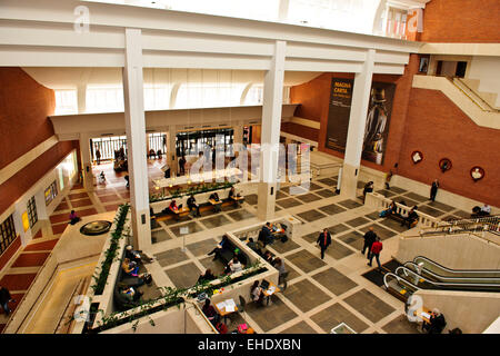 Exteriors,Interior of the British Library,smoked glass wall of the King's Library in the background,Wall Painting,London,UK Stock Photo