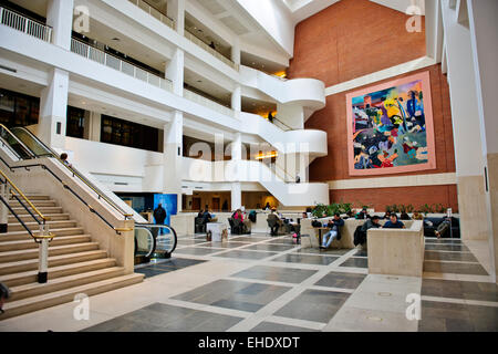 Exteriors,Interior of the British Library,smoked glass wall of the King's Library in the background,Wall Painting,London,UK Stock Photo