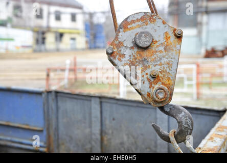 Industrial metal hook detail shot outside a factory Stock Photo