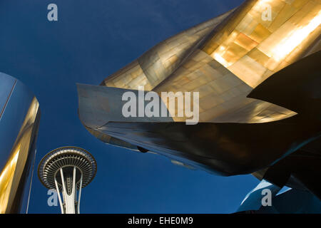 HISTORICAL 2009 SPACE NEEDLE EXPERIENCE MUSIC PROJECT  (© FRANK GEHRY 1995) SPACE NEEDLE TOWER (©JOHN GRAHAM & CO 1961) SEATTLE WASHINGTON STATE USA Stock Photo