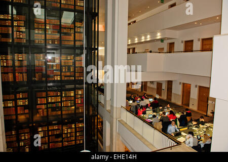 Exteriors,Interior of the British Library,smoked glass wall of the King's Library in the background,Wall Painting,London,UK Stock Photo