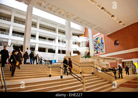 Exteriors,Interior of the British Library,smoked glass wall of the King's Library in the background,Wall Painting,London,UK Stock Photo