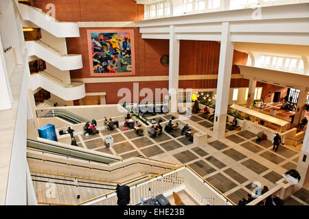 Exteriors,Interior of the British Library,smoked glass wall of the King's Library in the background,Wall Painting,London,UK Stock Photo