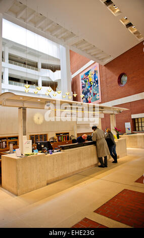 Exteriors,Interior of the British Library,smoked glass wall of the King's Library in the background,Wall Painting,London,UK Stock Photo