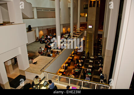 Exteriors,Interior of the British Library,smoked glass wall of the King's Library in the background,Wall Painting,London,UK Stock Photo