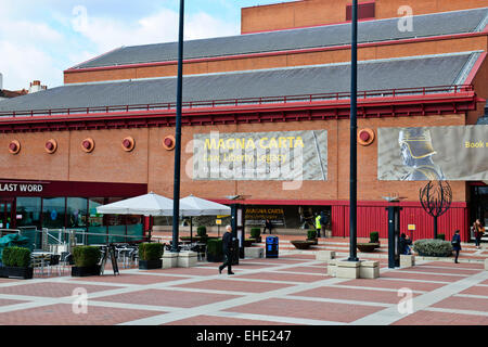 Exteriors,Interior of the British Library,smoked glass wall of the King's Library in the background,Wall Painting,London,UK Stock Photo