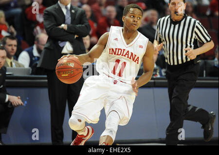 Chicago, IL, USA. 12th Mar, 2015. Indiana Hoosiers guard Yogi Ferrell (11) controls the ball in the first half during the 2015 Big Ten Men's Basketball Tournament game between the Northwestern Wildcats and the Indiana Hoosiers at the United Center in Chicago, IL. Patrick Gorski/CSM/Alamy Live News Stock Photo